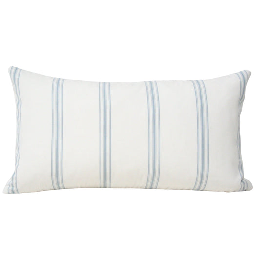 Grace Stripe Blue rectangular lumbar pillow cover styled with an insert, showing narrow blue stripes on a light background