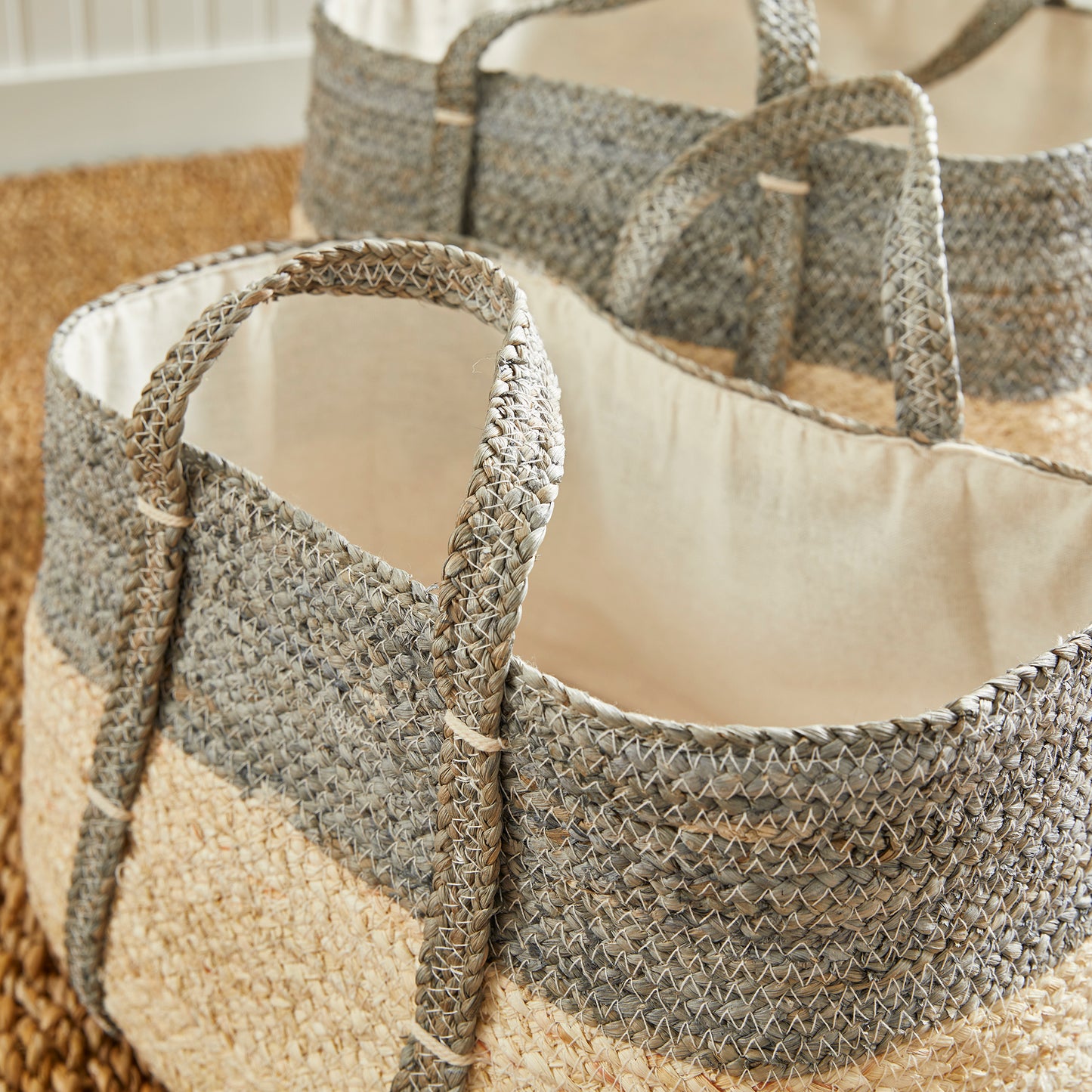 Quinn Rectangular Baskets Set of 2 - Coastal Handwoven Corn Husk Storage Baskets, Beach House Decor & Organization