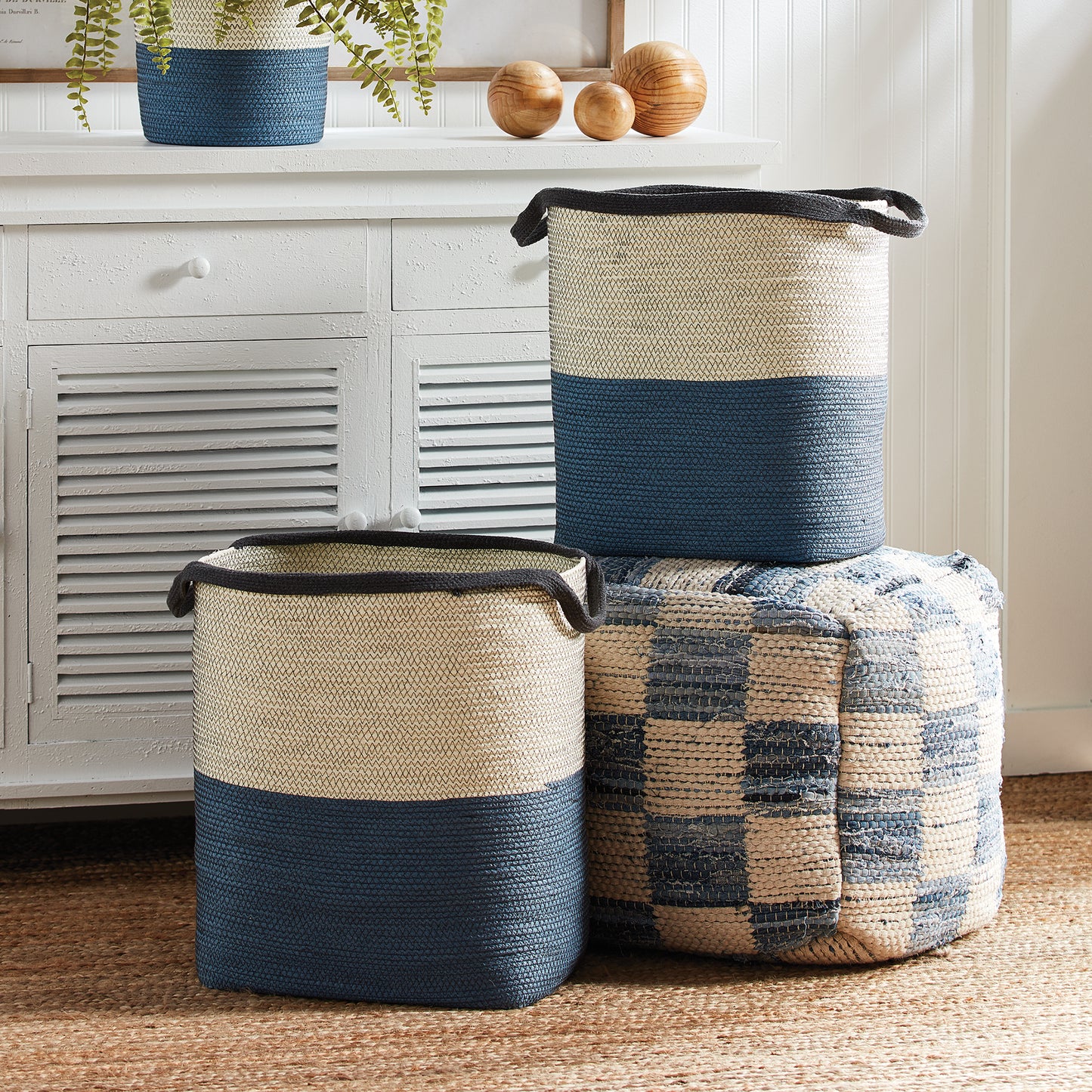 Ayden Baskets with Handles Set of 2 - Coastal Handwoven Paper Cane Storage Baskets with Handles, Beach House Decor & Organization