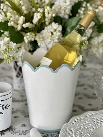 White & Pale Blue Scalloped Chinoiserie Tole Planter & Wastepaper Basket