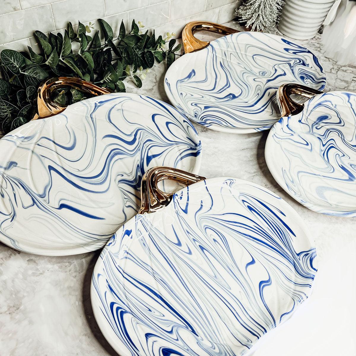 Hand-glazed blue marbled pumpkin serving plate
