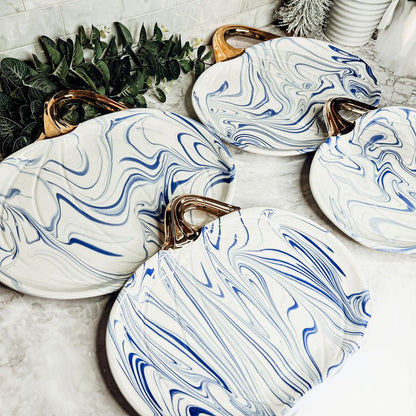 Hand-glazed blue marbled pumpkin serving plate