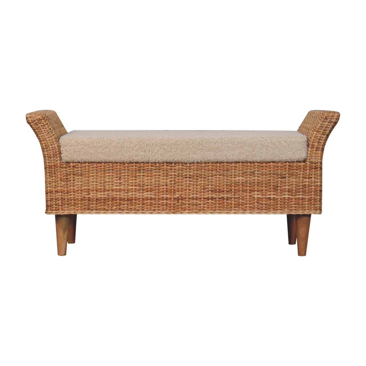 Riviera Woven Bench – Rattan Frame & Boucle Upholstered Seat