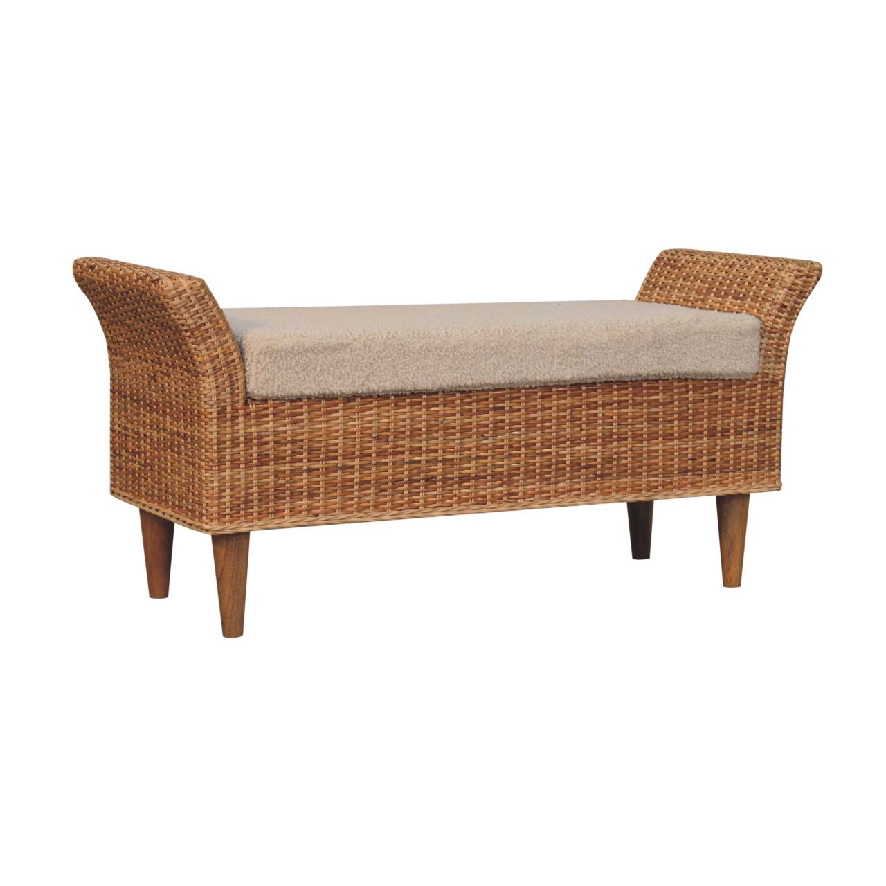 Riviera Woven Bench – Rattan Frame & Boucle Upholstered Seat