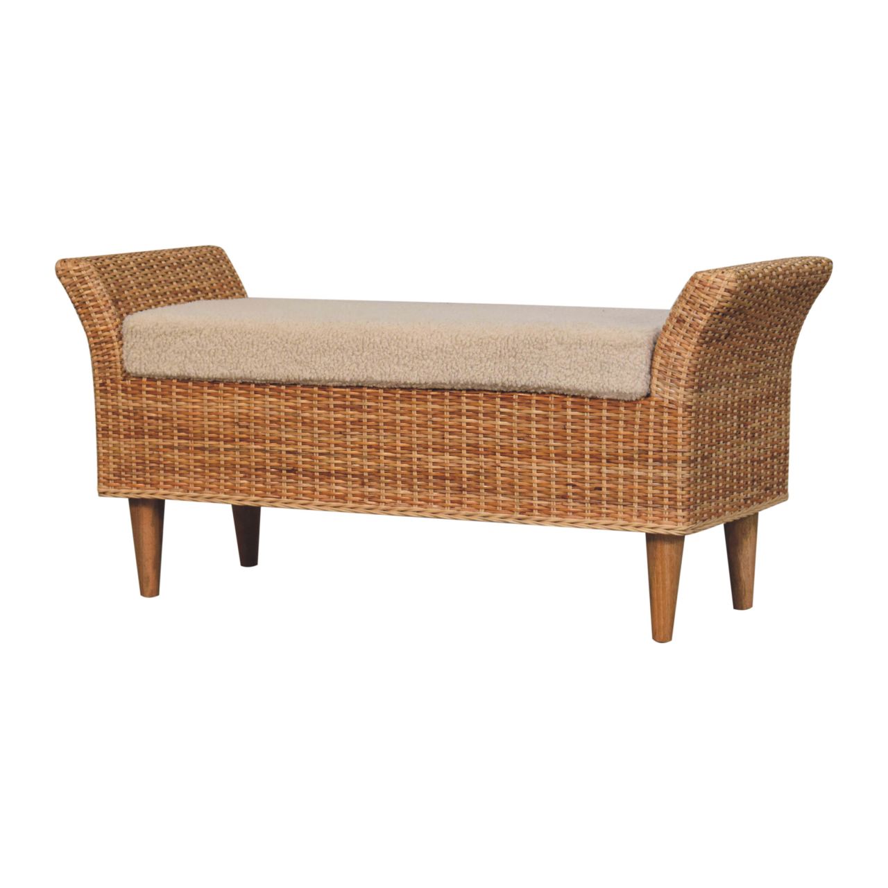Riviera Woven Bench – Rattan Frame & Boucle Upholstered Seat
