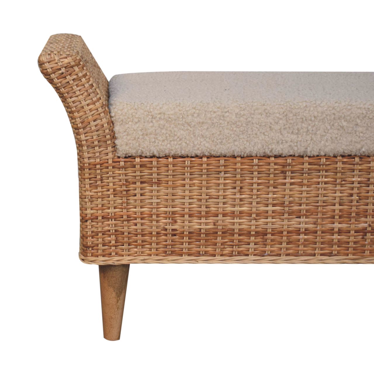 Riviera Woven Bench – Rattan Frame & Boucle Upholstered Seat
