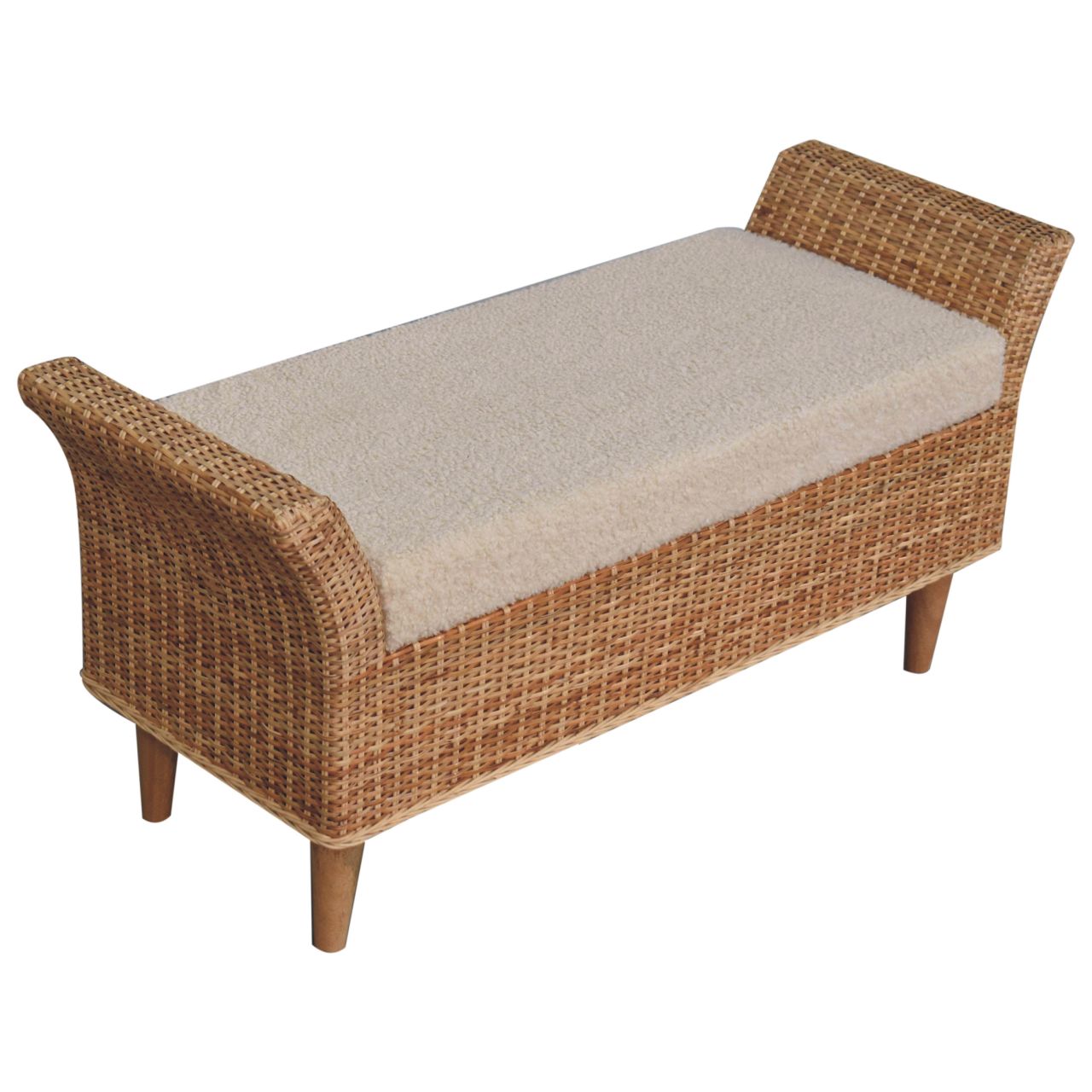 Riviera Woven Bench – Rattan Frame & Boucle Upholstered Seat