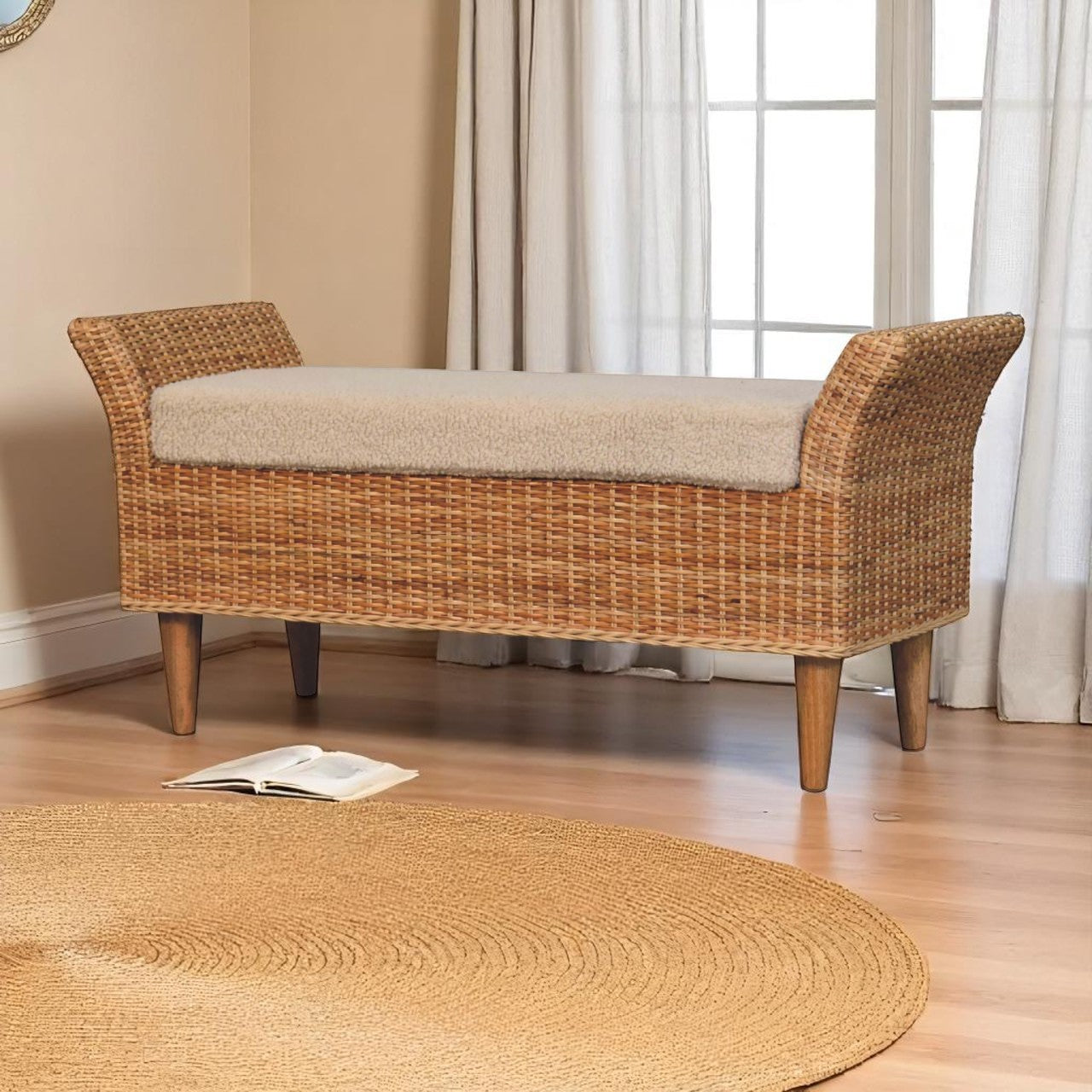 Riviera Woven Rattan & Boucle Bench