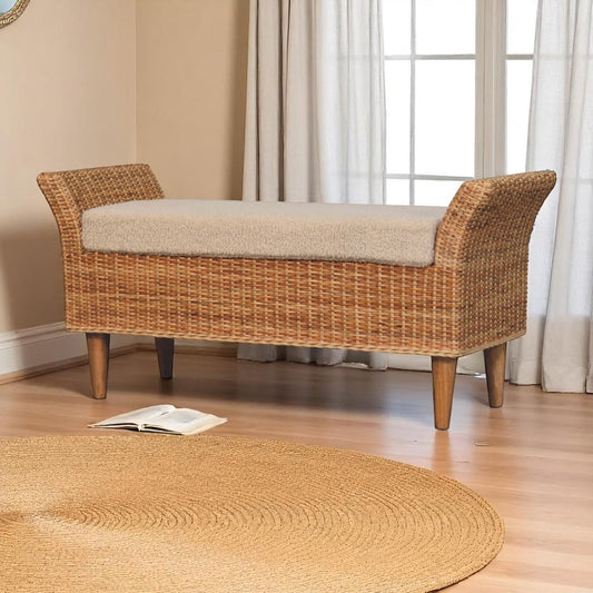 Solid Wood Riviera Woven Bench, Upholstered, Beige and Light Brown