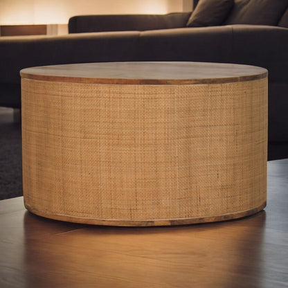 Larissa Round Coffee Table - Solid Mango Wood with Rattan Base