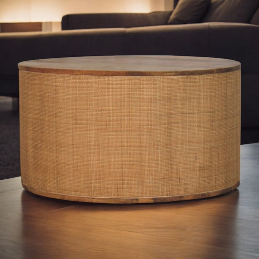 Larissa Round Coffee Table - Solid Mango Wood with Rattan Base