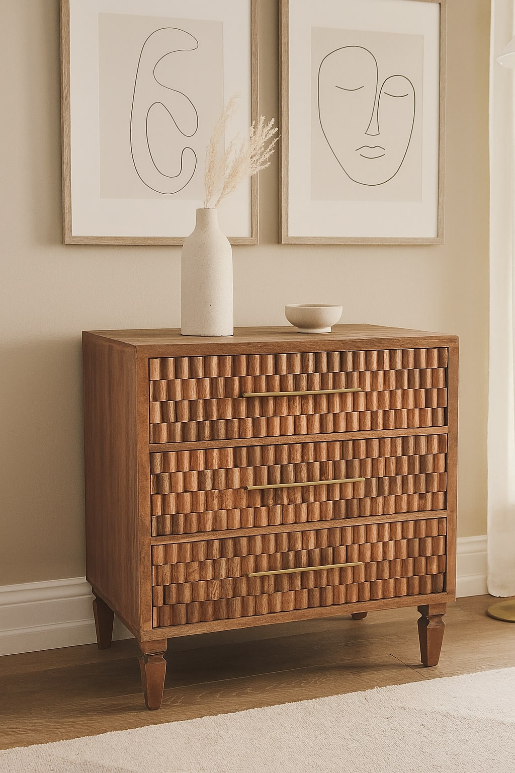 Cadiz Carved Storage Chest – Solid Mango Wood, 3 Drawers