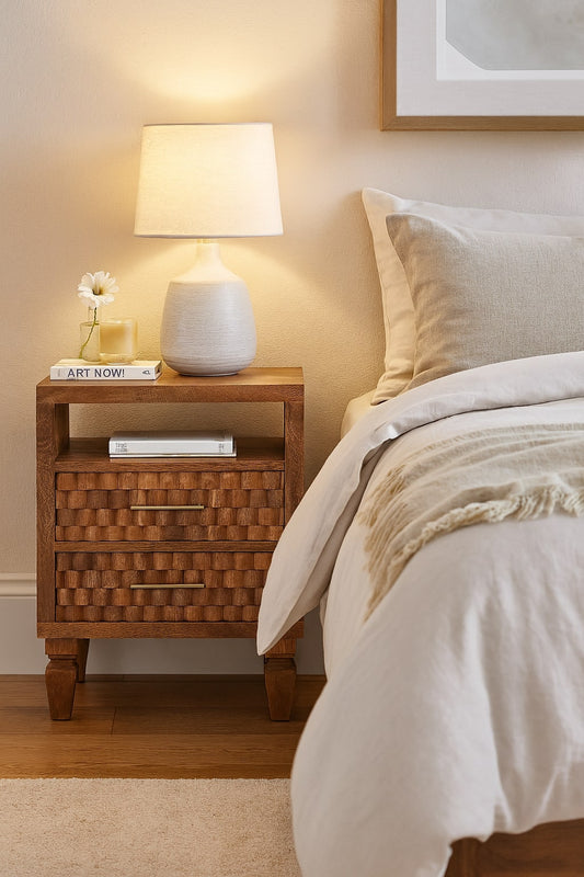 Cadiz Carved Open-Shelf Bedside Table – Solid Mango Wood