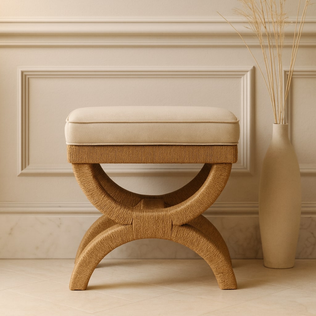 Rattan Arch Bench – Sculptural Curved Legs & Mud Linen Seat
