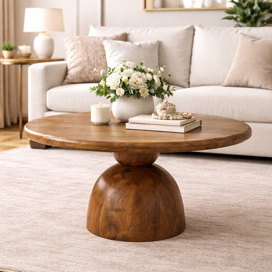 Solid Wood Sculpted Pedestal Coffee Table - Coastal Handcrafted Mango Wood Statement Coffee Table, Beach House Furniture
