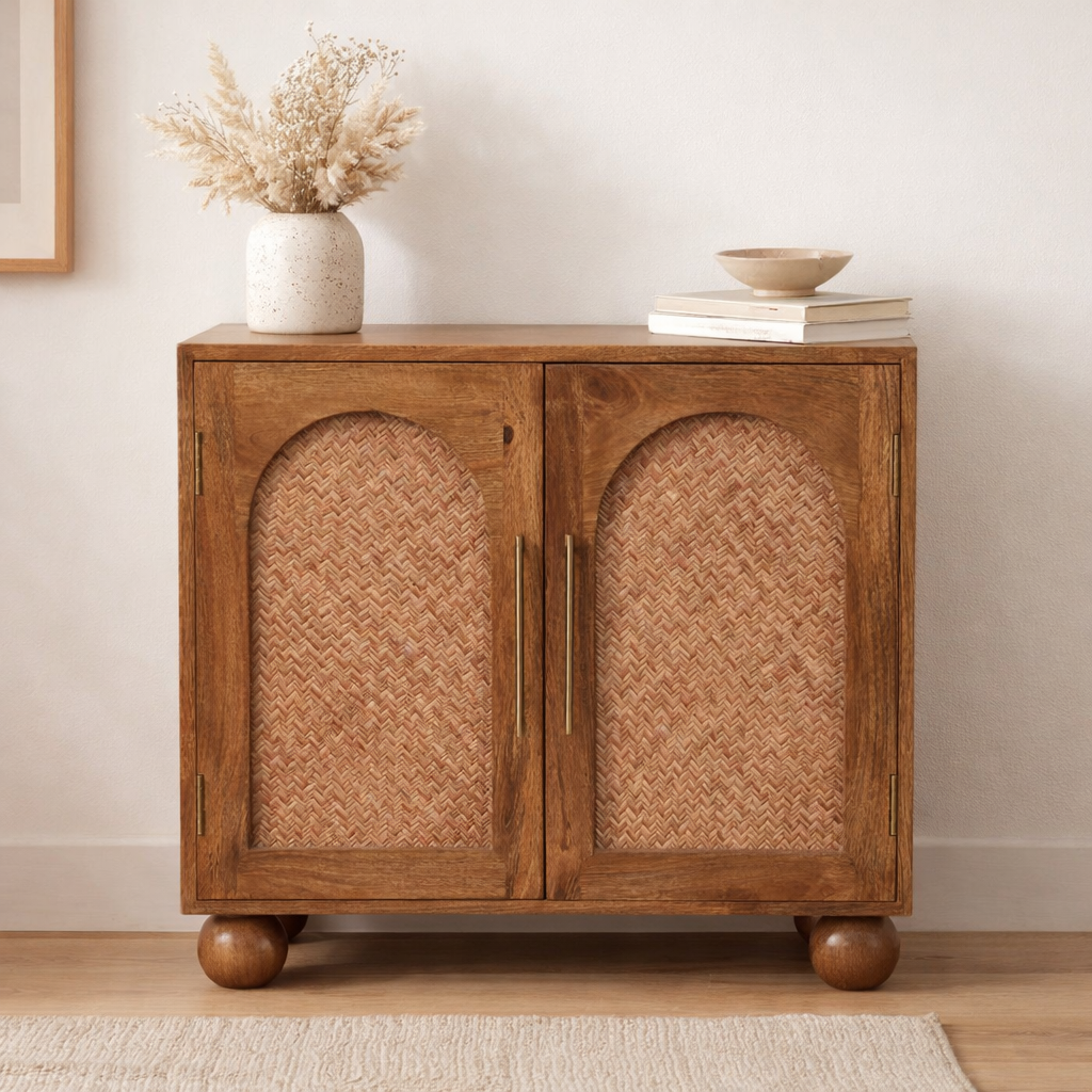Solid Wood Arched Rattan Two-Door Sideboard