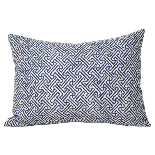	Java Java Navy rectangular lumbar pillow cover styled with an insert, showing its repeating angular geometric pattern