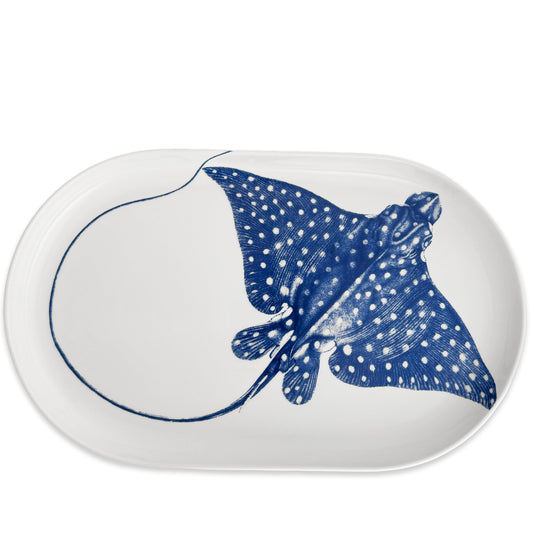 Ray the Stingray Large Coupe Oval Platter - Coastal Porcelain Serving Platter, Beach House Entertaining