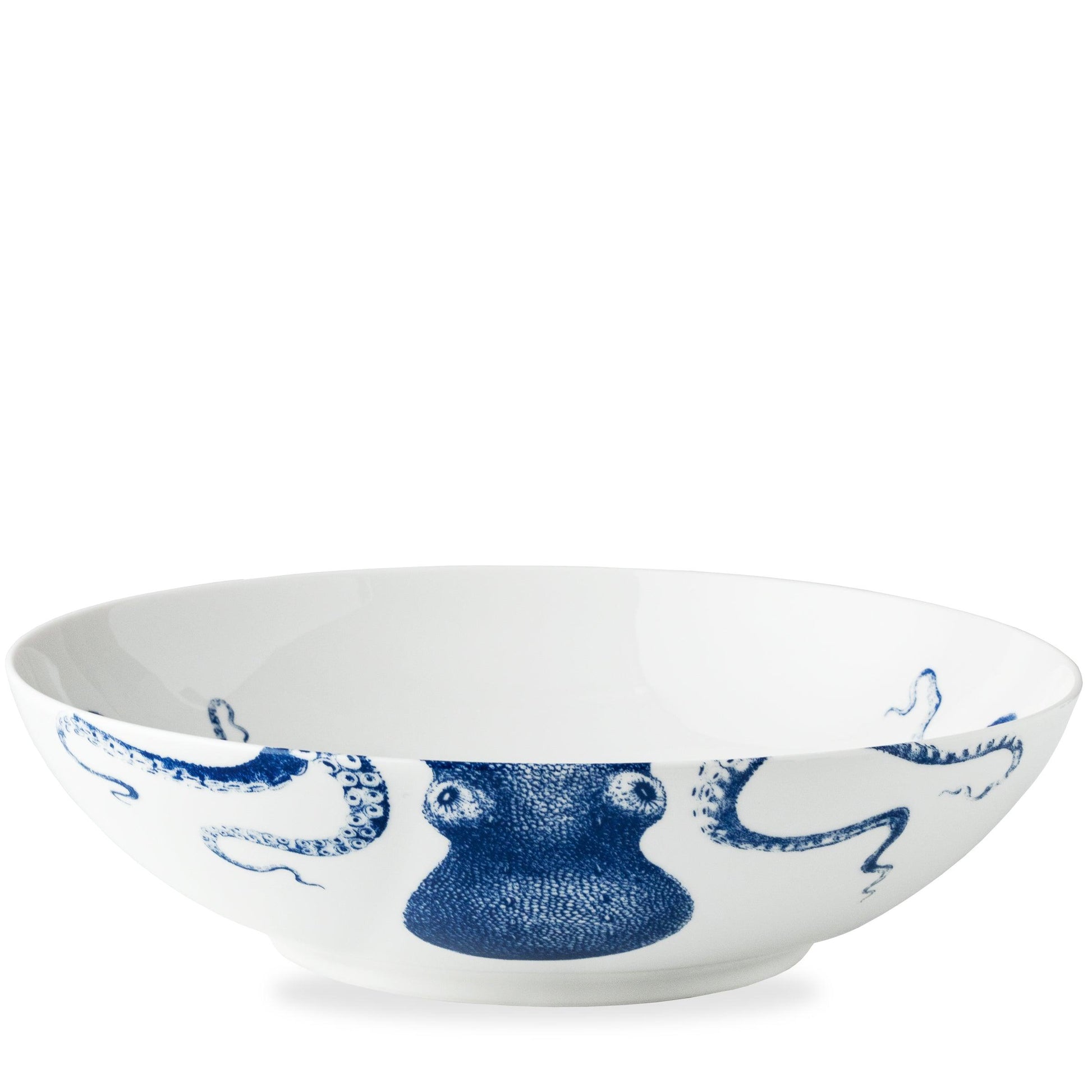 a blue and white bowl with an octopus on it