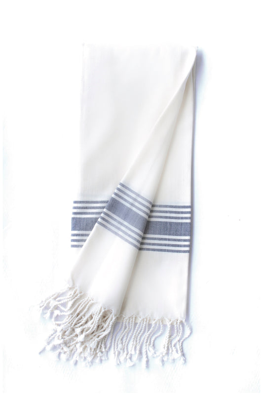 Le Boulou Turkish Towel in White & Navy - Coastal Cotton Bamboo Beach Towel, Beach House Essentials
