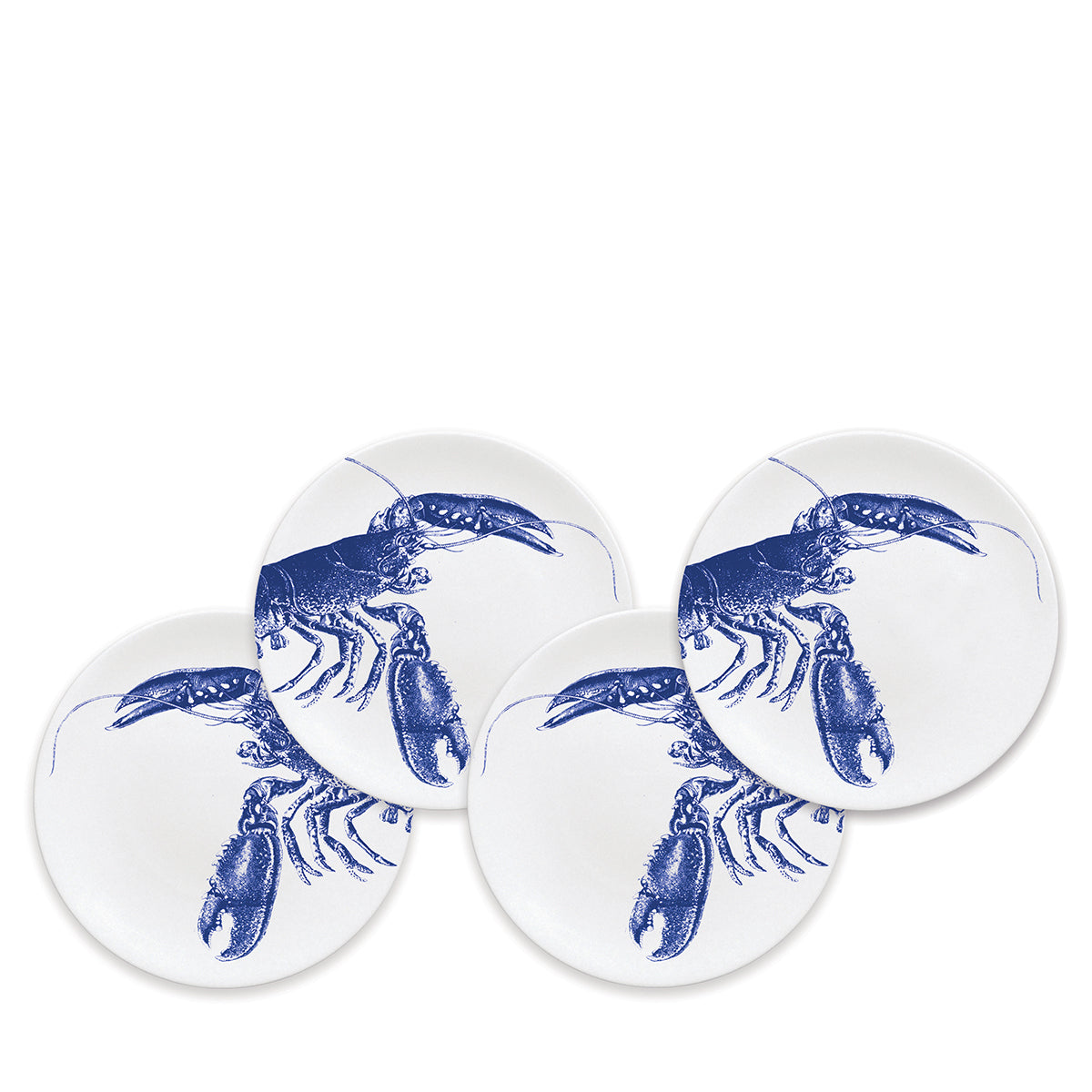 	Four matching white porcelain appetizer plates with detailed blue lobster illustrations