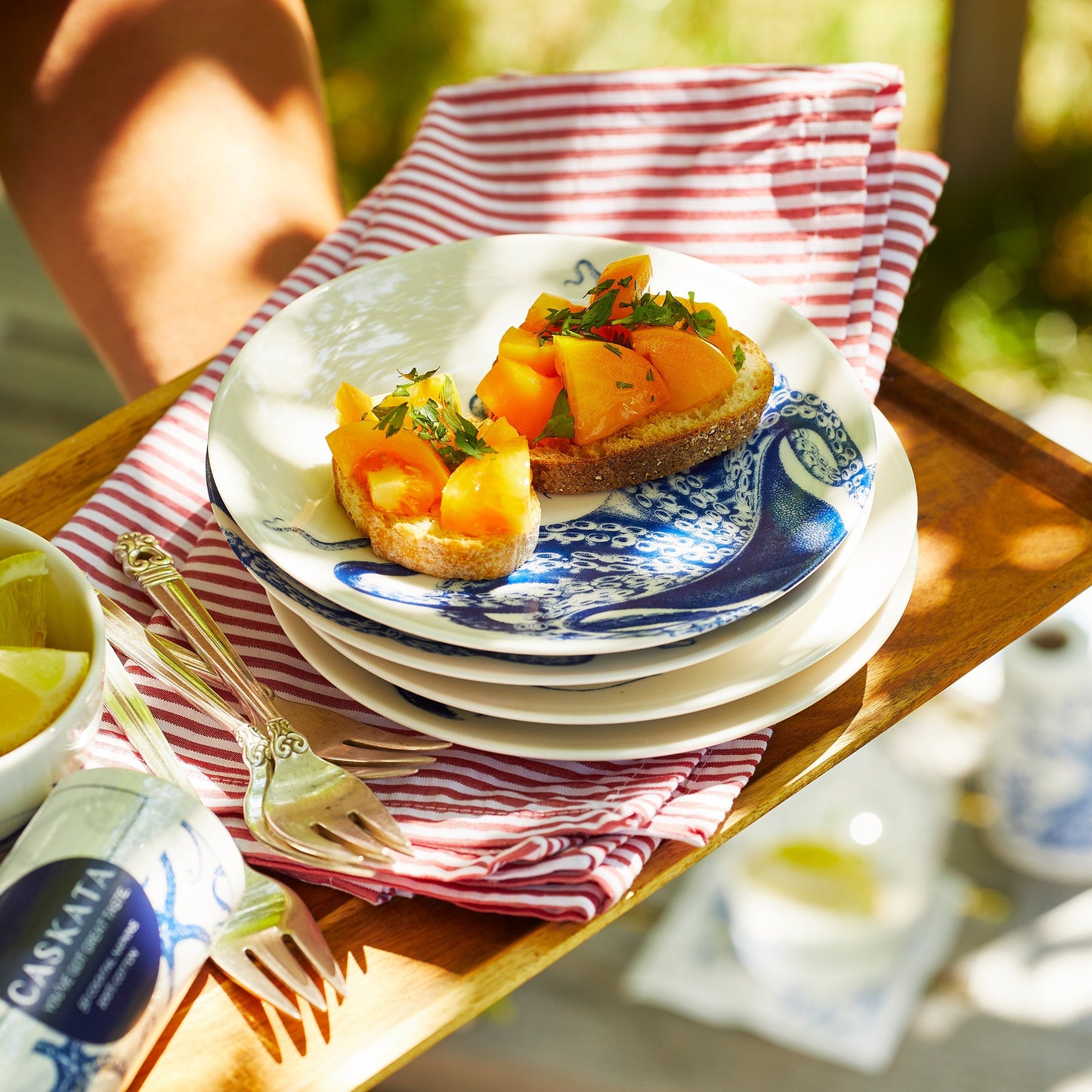 Lucy Octopus Small Plates Set of 4 - Coastal Blue & White Premium Porcelain Appetizer Plates, Beach House Entertaining