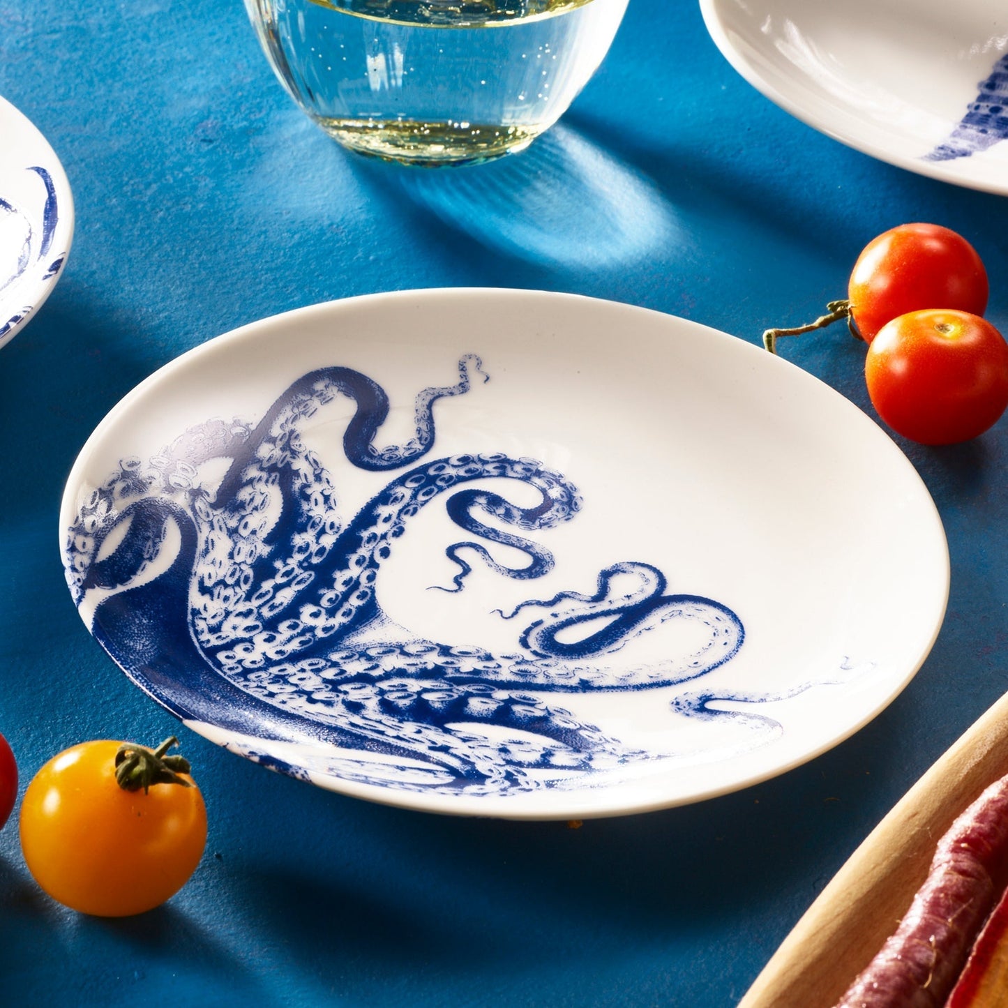Lucy Octopus Small Plates Set of 4 - Coastal Blue & White Premium Porcelain Appetizer Plates, Beach House Entertaining