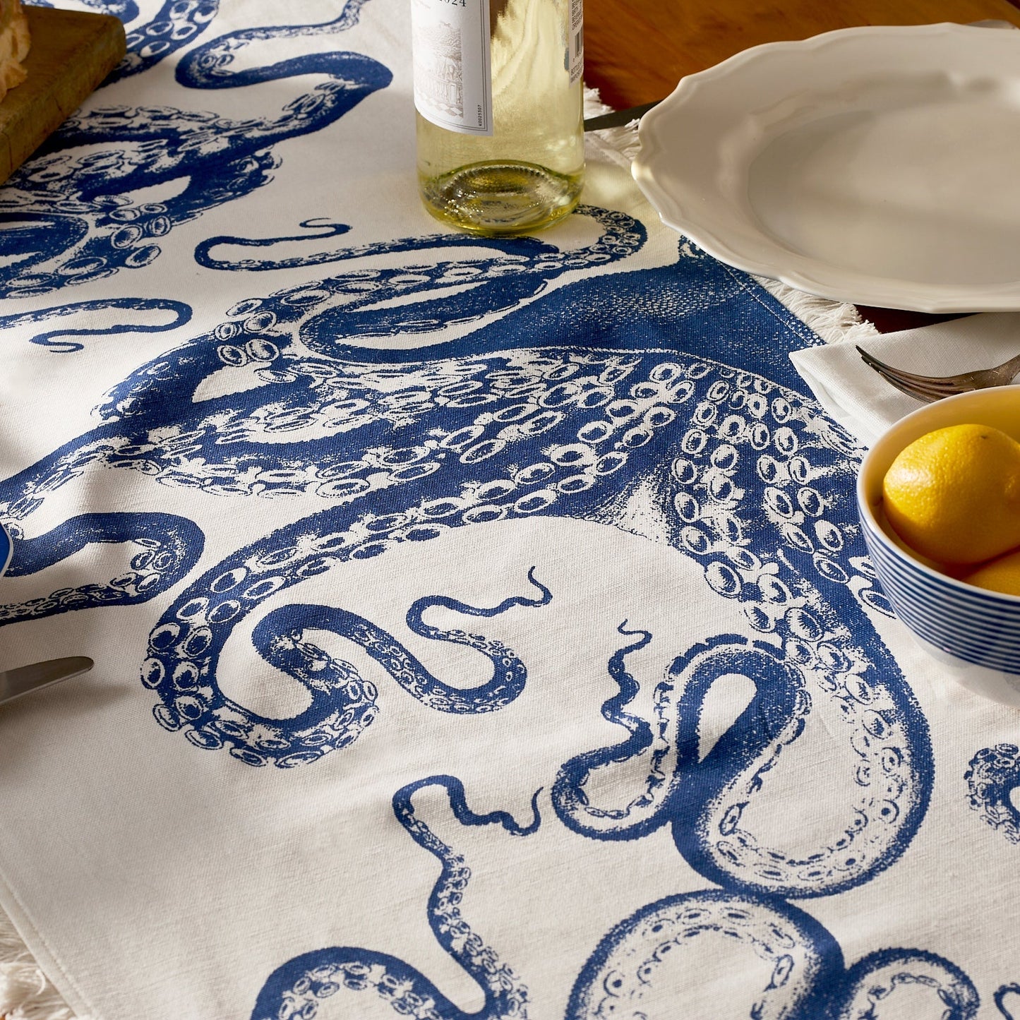 Lucy the Octopus Table Runner - Coastal Nautical Cotton Table Linen, Beach House Dining Decor
