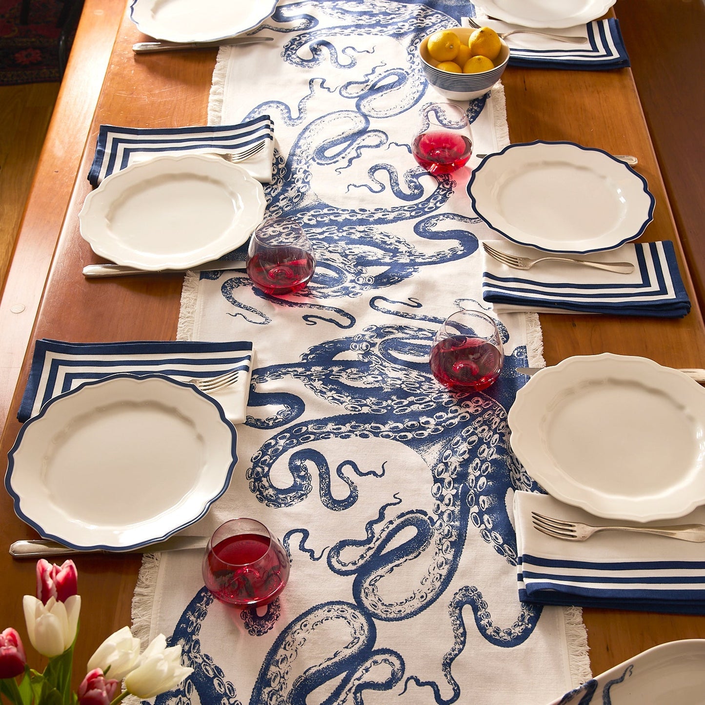 Lucy the Octopus Table Runner - Coastal Nautical Cotton Table Linen, Beach House Dining Decor