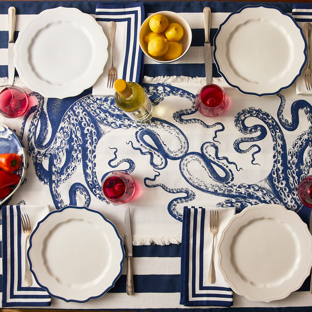 Lucy the Octopus Table Runner - Coastal Nautical Cotton Table Linen, Beach House Dining Decor