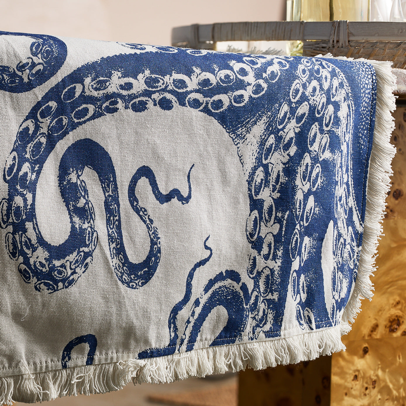 Lucy the Octopus Table Runner - Coastal Nautical Cotton Table Linen, Beach House Dining Decor
