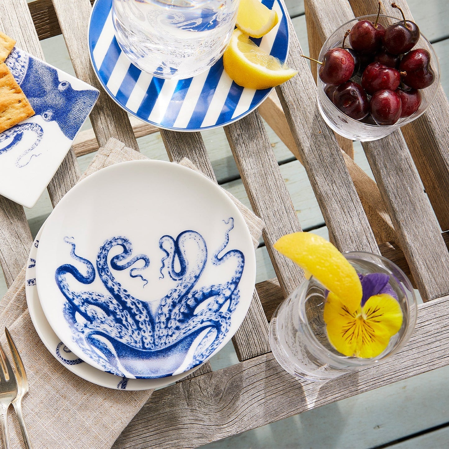 Lucy Octopus Small Plates Set of 4 - Coastal Blue & White Premium Porcelain Appetizer Plates, Beach House Entertaining
