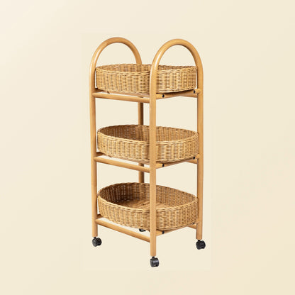 	Full view of the Natural Con Craft trolley showing three empty woven baskets, curved handles, and four wheels