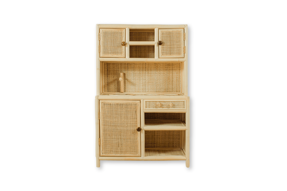 Montessori-Style Rattan Play Kitchen – Natural Pretend Play Station with Storage