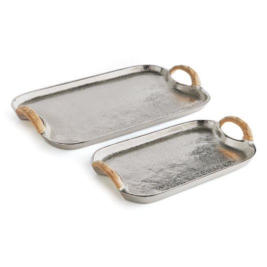 Helena Decorative Trays Set of 2 - Coastal Silver Aluminum & Rattan Handle Serving Trays, Beach House Entertaining Decor