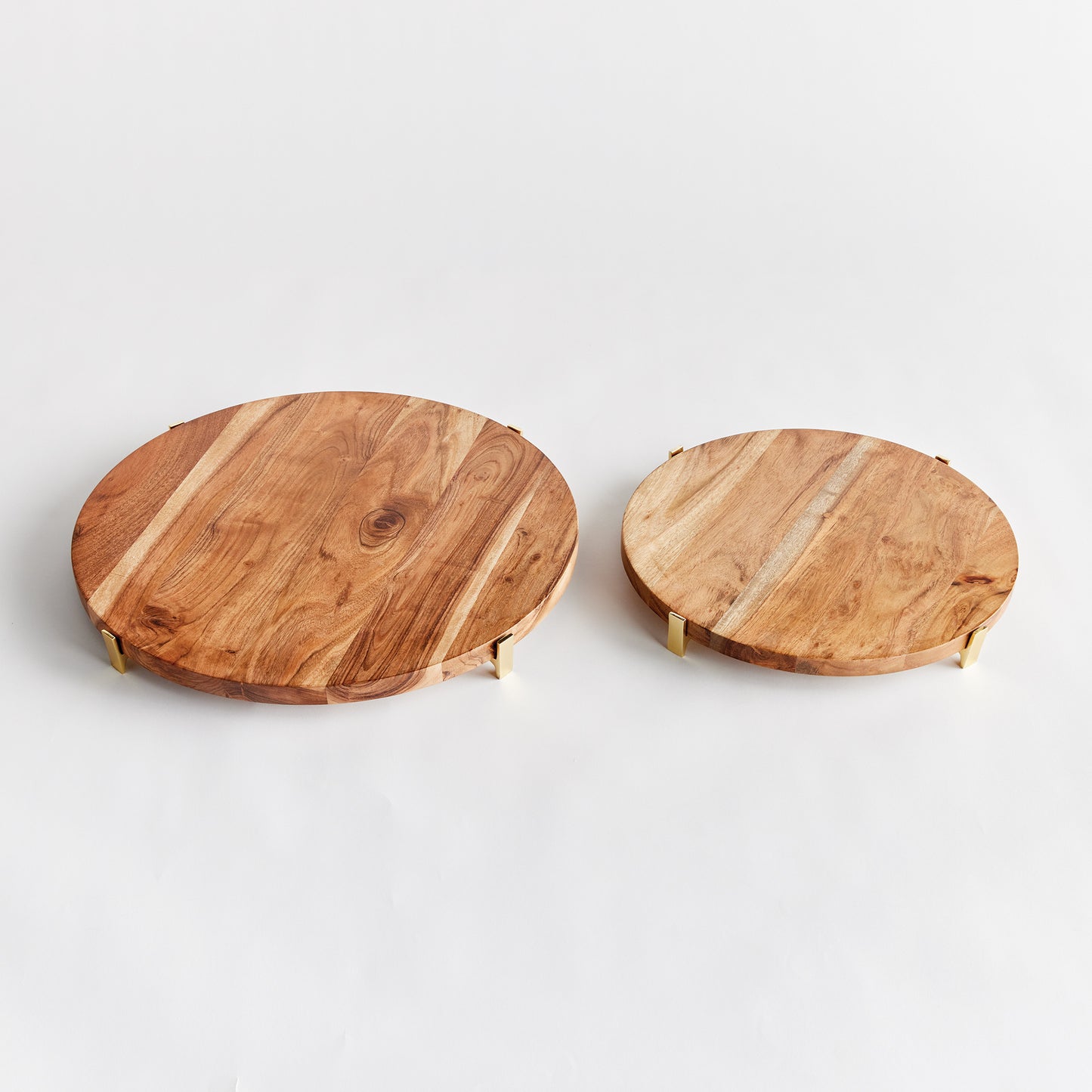 Cherie Round Serving Boards Set of 2 - Coastal Acacia Wood Serving Boards on Gold Iron Stands, Beach House Entertaining