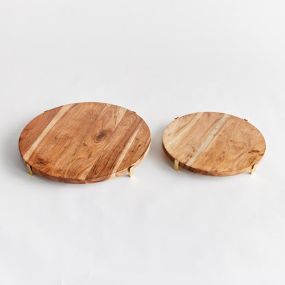 Cherie Round Serving Boards Set of 2 - Coastal Acacia Wood Serving Boards on Gold Iron Stands