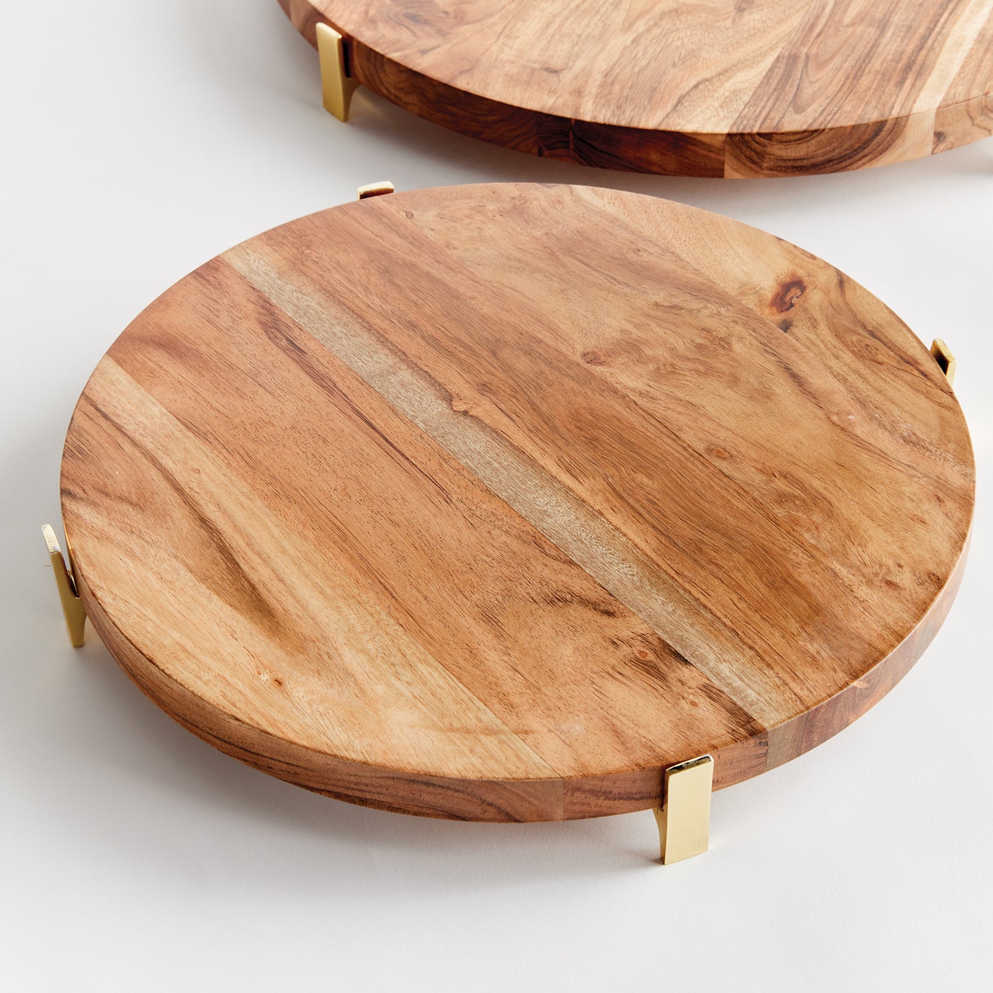 Cherie Round Serving Boards Set of 2 - Coastal Acacia Wood Serving Boards on Gold Iron Stands, Beach House Entertaining