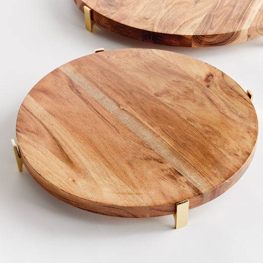 Cherie Round Serving Boards Set of 2 - Coastal Acacia Wood Serving Boards on Gold Iron Stands, Beach House Entertaining