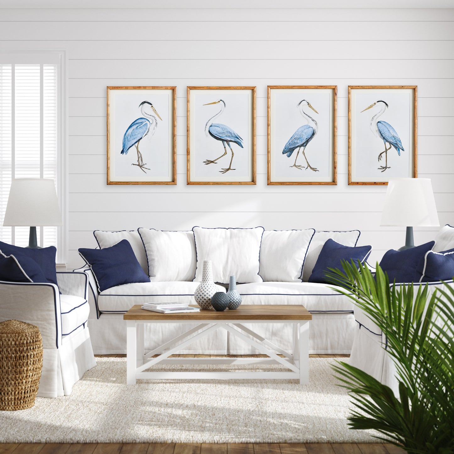 Elegant Blue Heron Prints Set of 4 - Coastal Bird Wall Art, Beach House Gallery Wall Decor