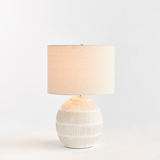 Antoni Mini Lamp - Coastal Ceramic Table Lamp with Linen Shade, Beach House Bedroom & Bedside Lighting