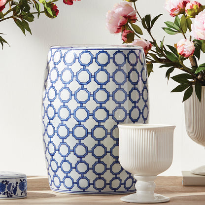 Barclay Butera Dynasty Link Stool - Coastal Blue & White Ceramic Chinoiserie Stool, Beach House Decor