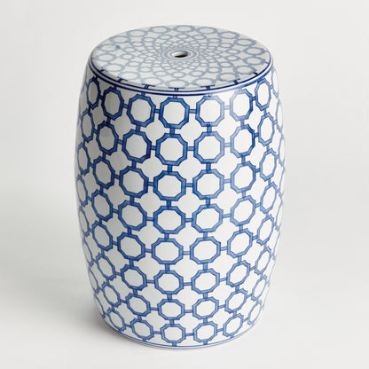 Barclay Butera Dynasty Link Stool - Coastal Blue & White Ceramic Chinoiserie Stool, Beach House Decor
