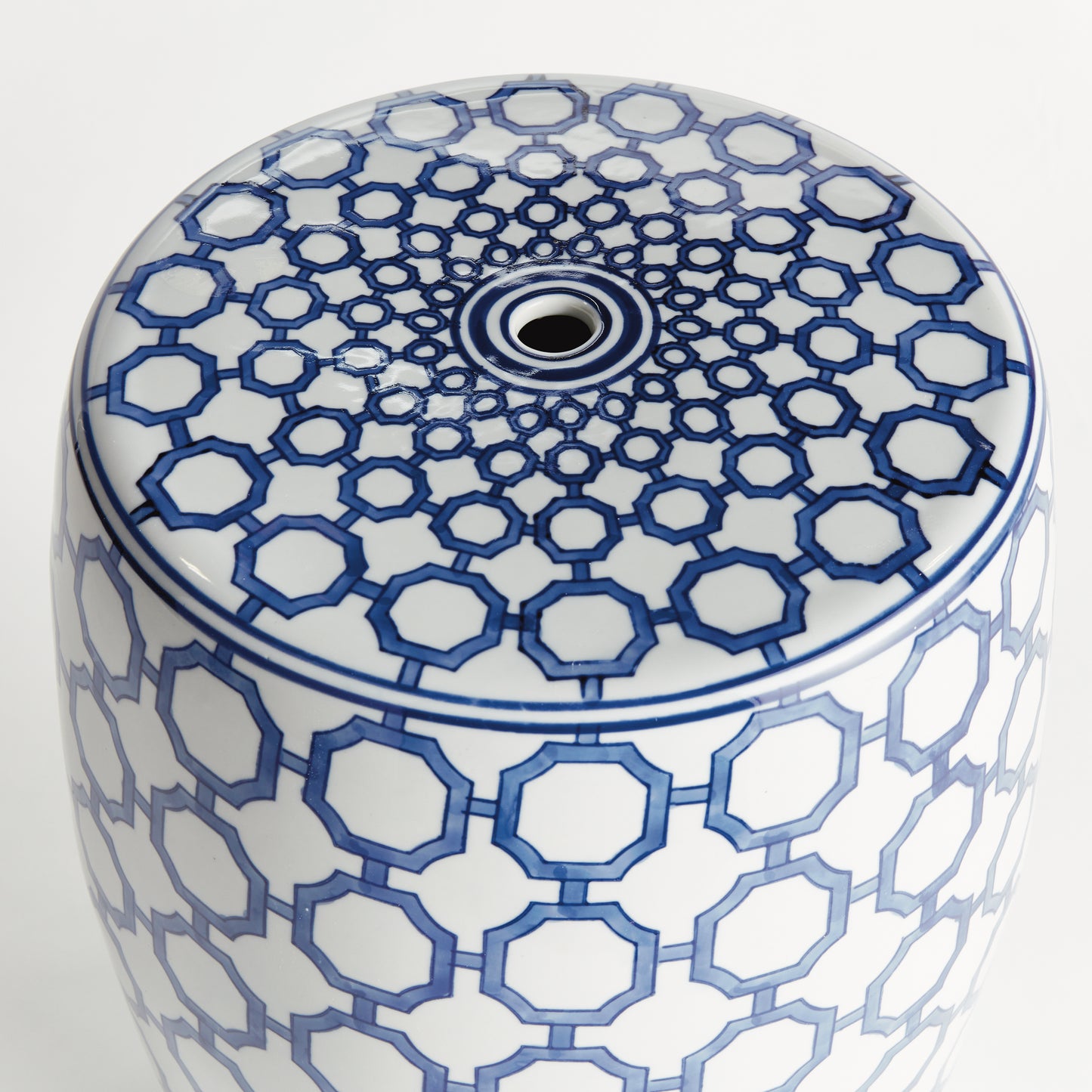 Barclay Butera Dynasty Link Stool - Coastal Blue & White Ceramic Chinoiserie Stool, Beach House Decor