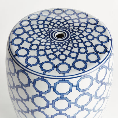 Barclay Butera Dynasty Link Stool - Coastal Blue & White Ceramic Chinoiserie Stool, Beach House Decor