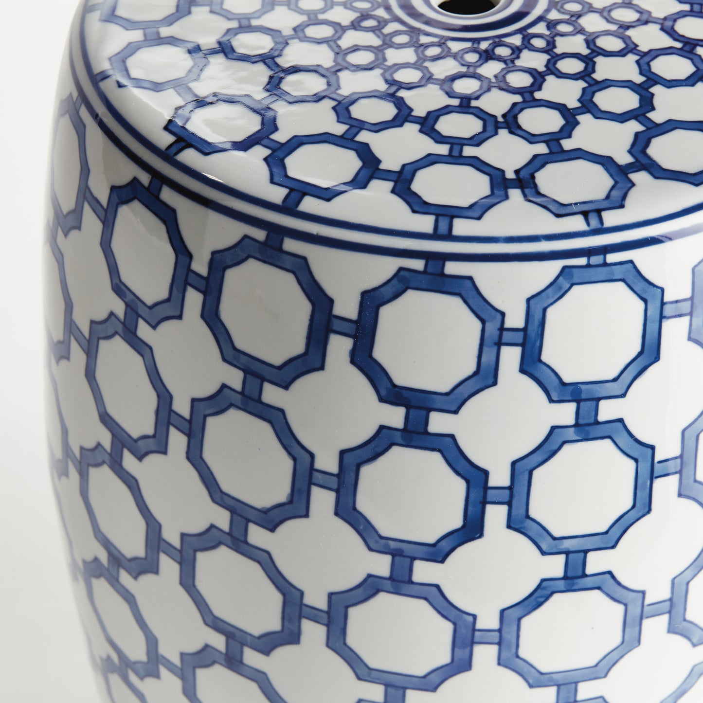 Barclay Butera Dynasty Link Stool - Coastal Blue & White Ceramic Chinoiserie Stool, Beach House Decor