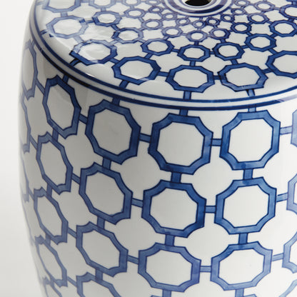 Barclay Butera Dynasty Link Stool - Coastal Blue & White Ceramic Chinoiserie Stool, Beach House Decor