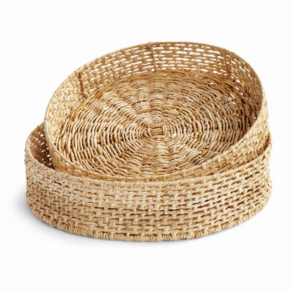 Juliet Abaca Round Trays Set of 2 - Coastal Handwoven Sustainable Tray, Beach House Ottoman & Console Decor