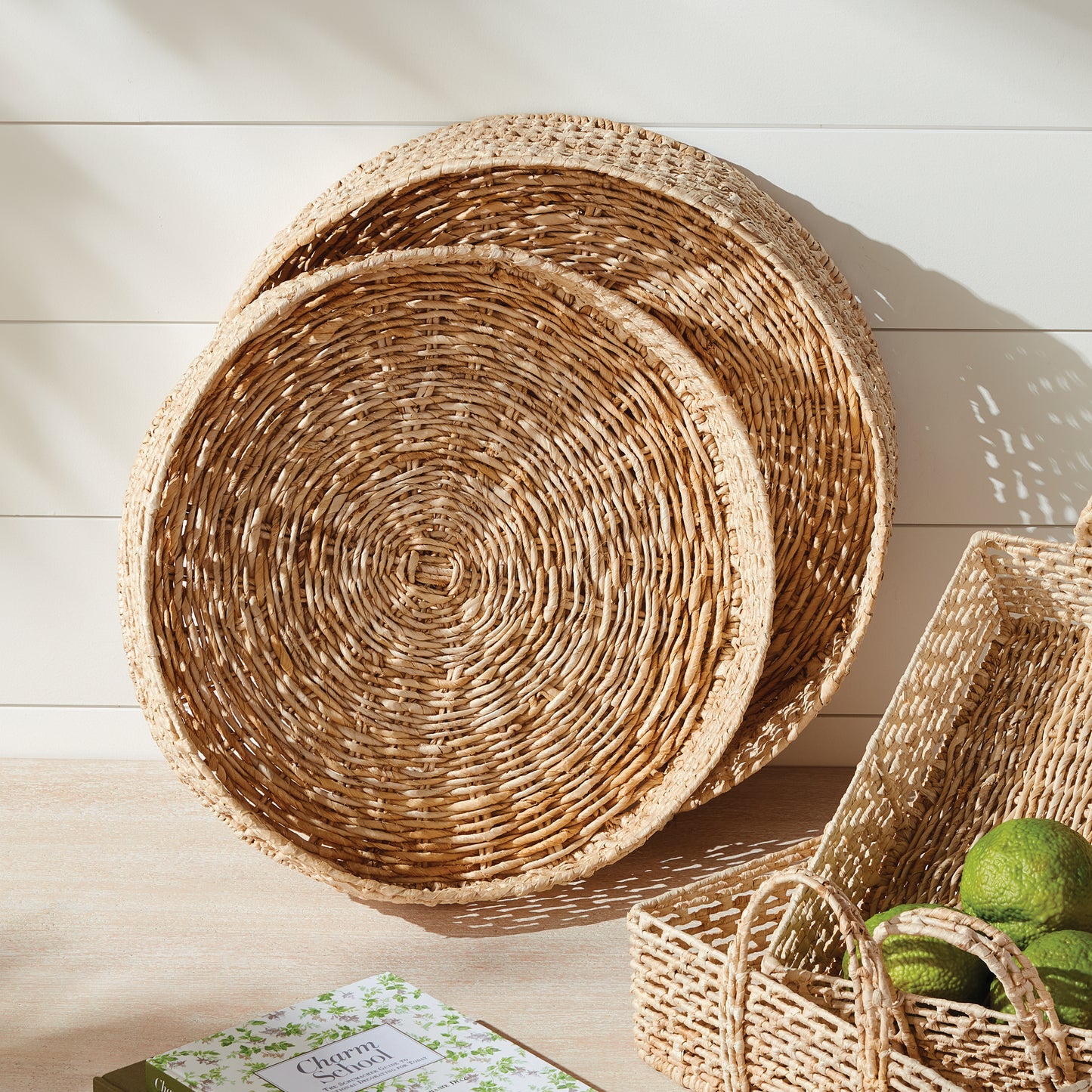Juliet Abaca Round Trays Set of 2 - Coastal Handwoven Sustainable Tray, Beach House Ottoman & Console Decor