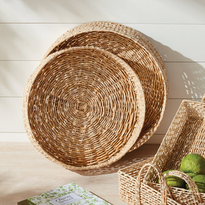 Juliet Abaca Round Trays Set of 2 - Coastal Handwoven Sustainable Tray, Beach House Ottoman & Console Decor